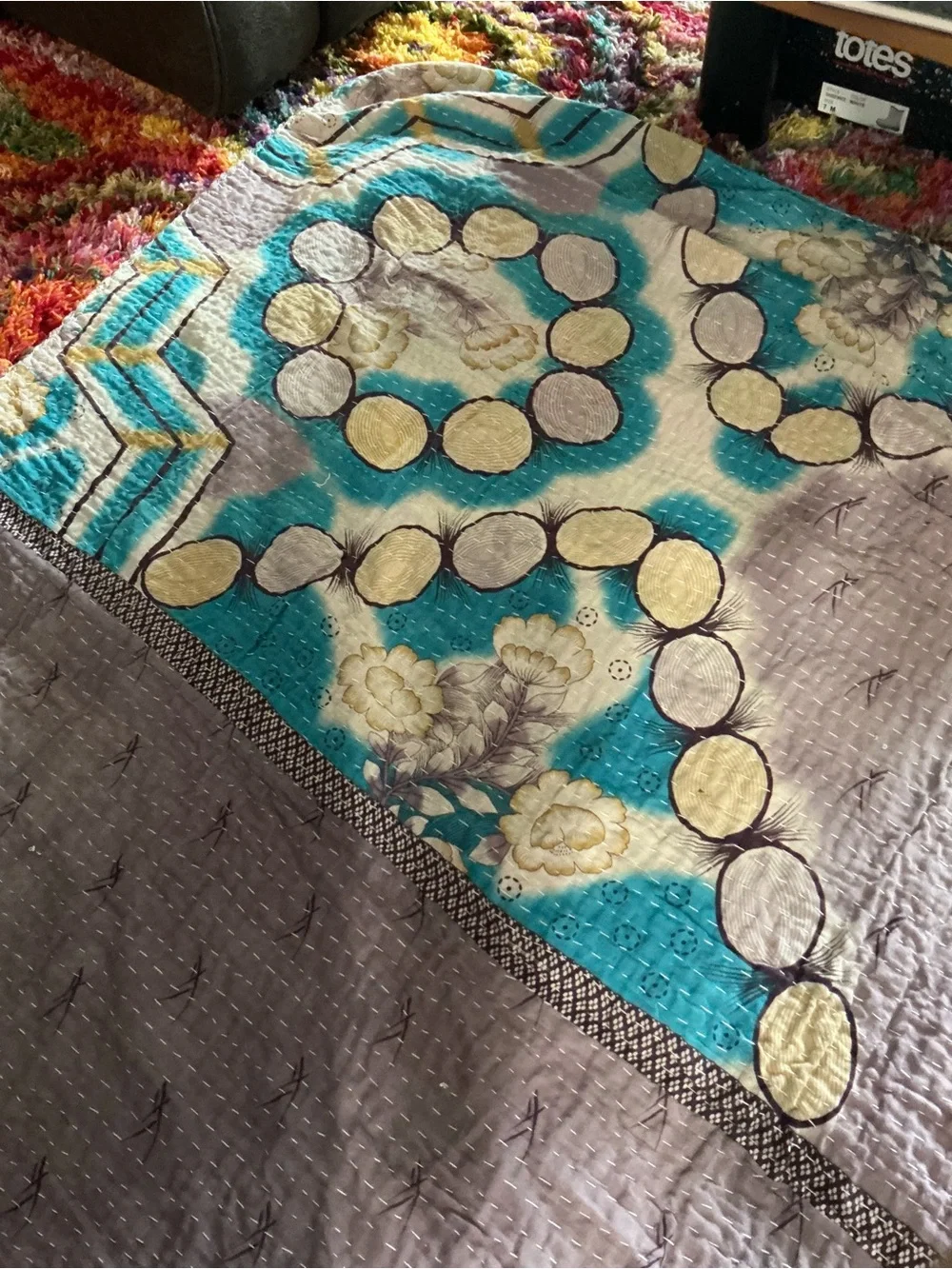 Tantha Handcrafted Patchwork Quilt Throw in Teal, Red, Brown and Cream